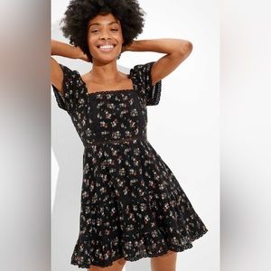 American Eagle Tiered Lace Black Floral Mini Dress S